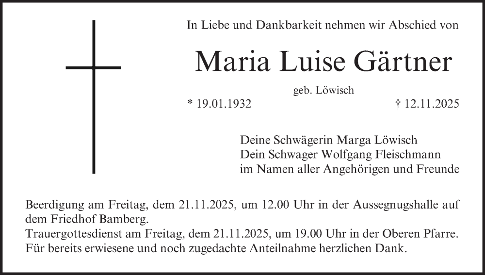  Traueranzeige für Maria Luise Gärtner vom 19.11.2025 aus MGO