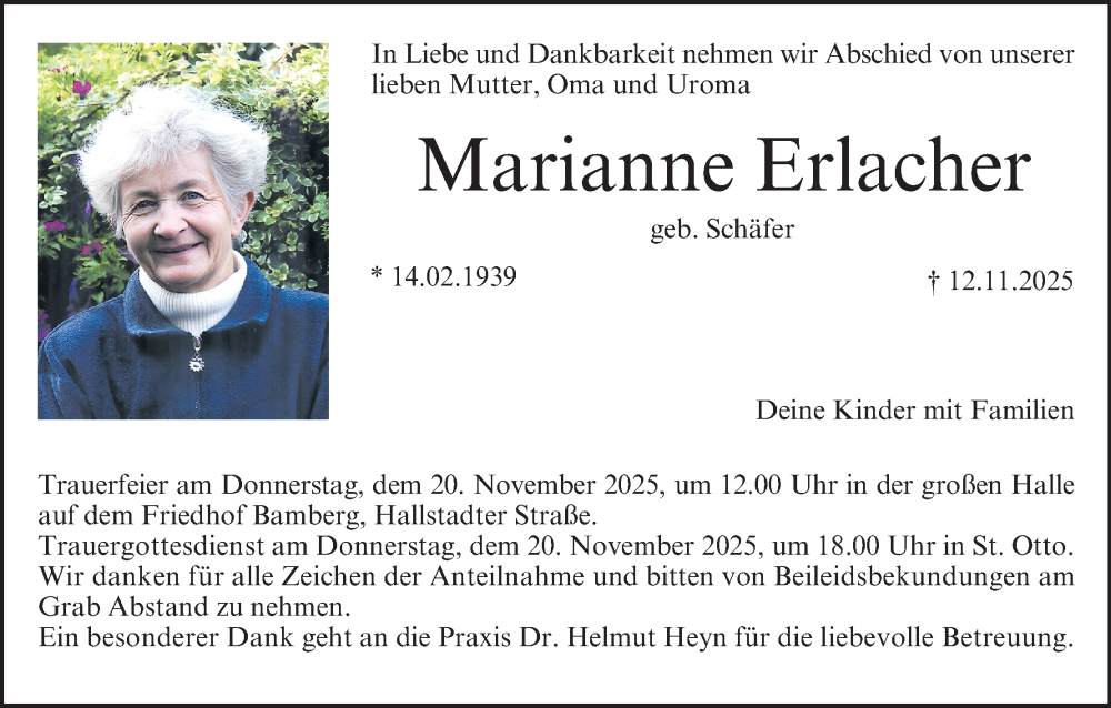  Traueranzeige für Marianne Erlacher vom 15.11.2025 aus MGO