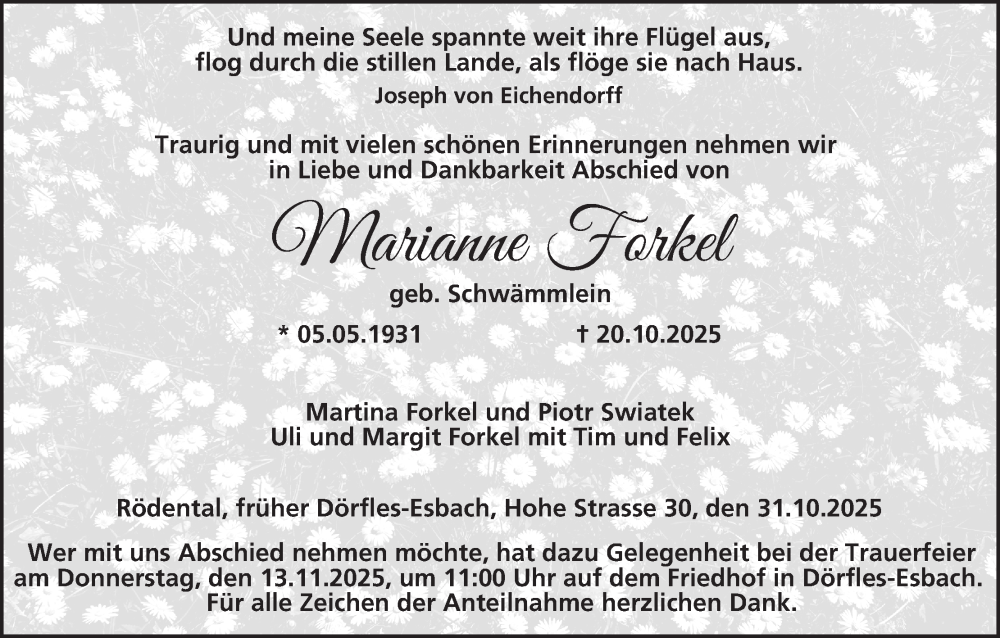  Traueranzeige für Marianne Forkel vom 31.10.2025 aus MGO