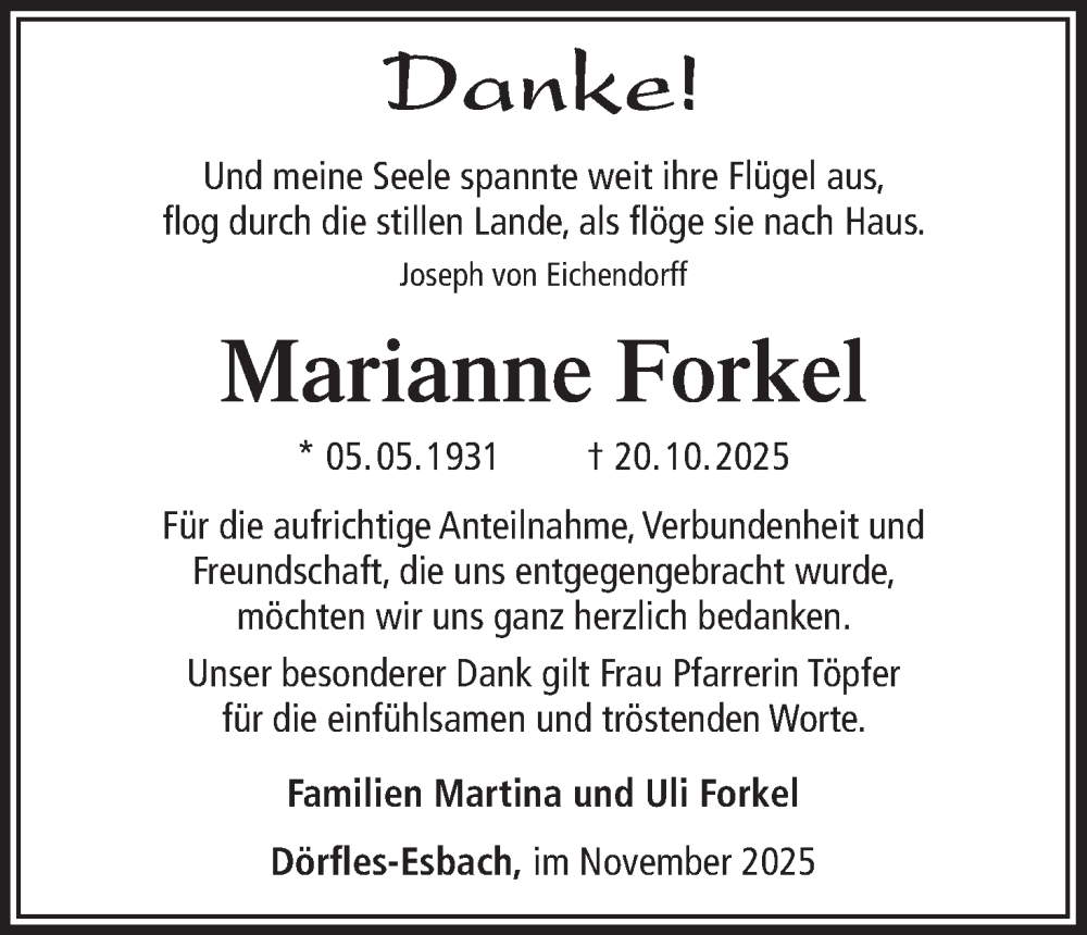  Traueranzeige für Marianne Forkel vom 28.11.2025 aus MGO