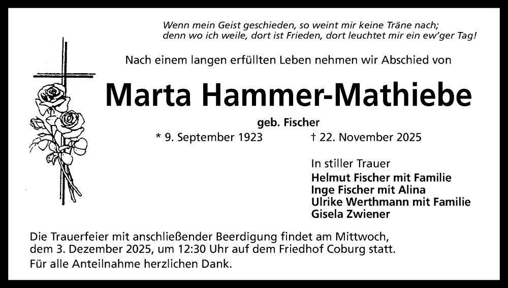  Traueranzeige für Marta Hammer-Mathiebe vom 29.11.2025 aus MGO