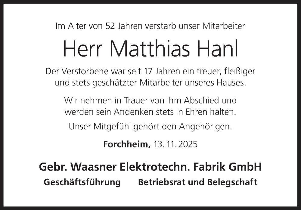  Traueranzeige für Matthias Hanl vom 13.11.2025 aus MGO