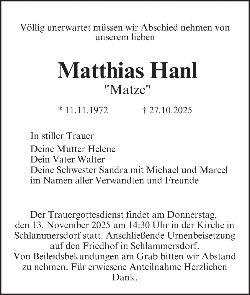  Traueranzeige für Matthias Hanl vom 08.11.2025 aus MGO