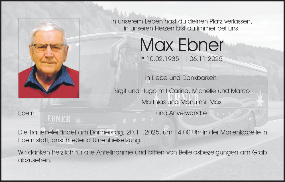  Traueranzeige für Max Ebner vom 15.11.2025 aus MGO