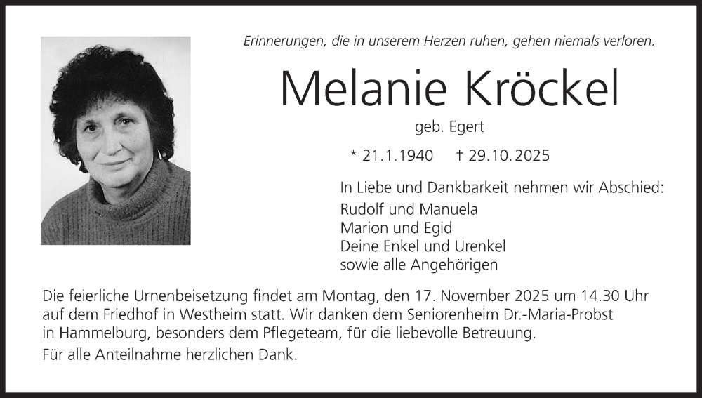  Traueranzeige für Melanie Kröckel vom 08.11.2025 aus MGO