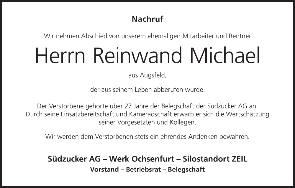  Traueranzeige für Michael Reinwand vom 11.11.2025 aus MGO