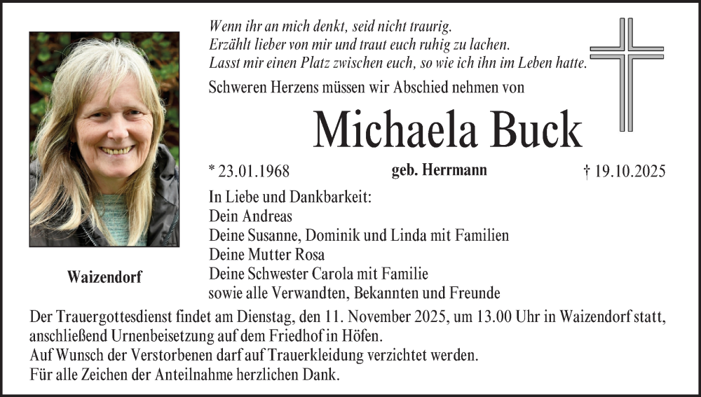  Traueranzeige für Michaela Buck vom 08.11.2025 aus MGO