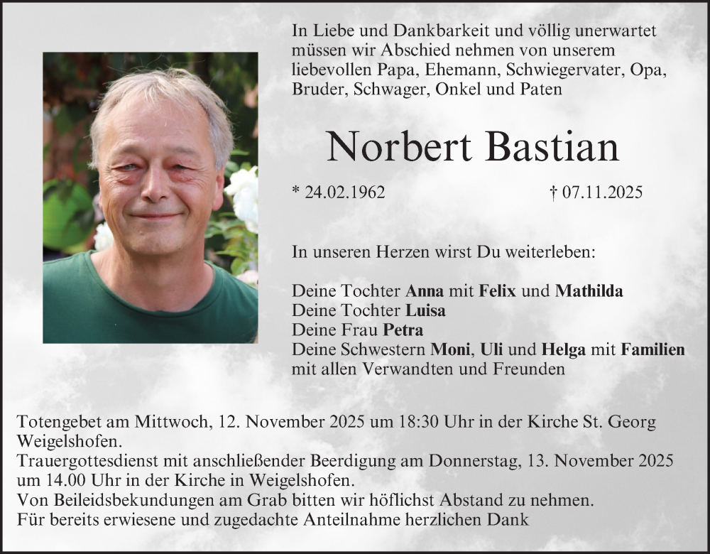  Traueranzeige für Norbert Bastian vom 11.11.2025 aus MGO