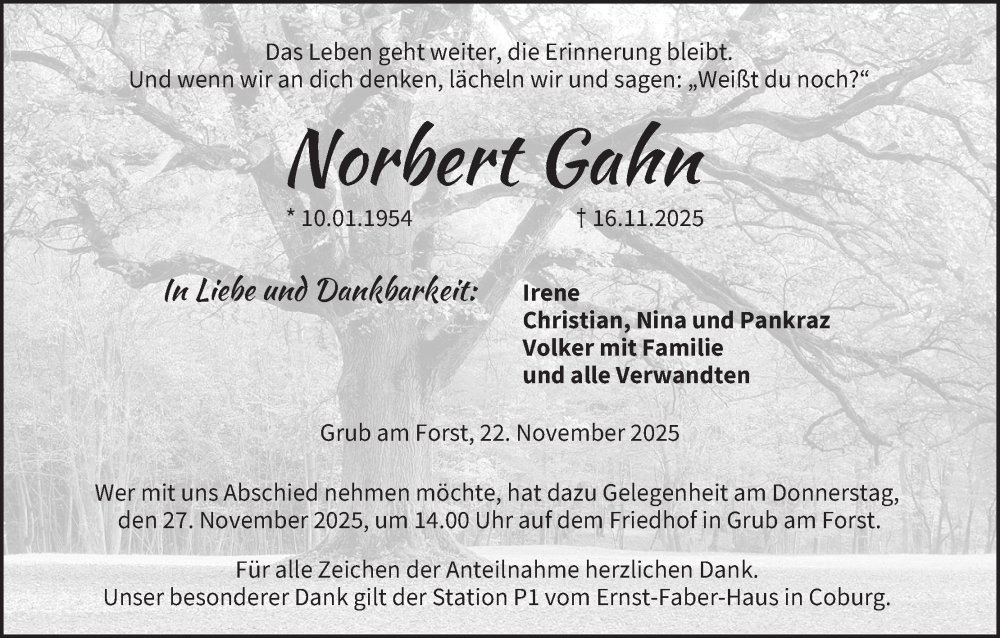  Traueranzeige für Norbert Gahn vom 22.11.2025 aus MGO