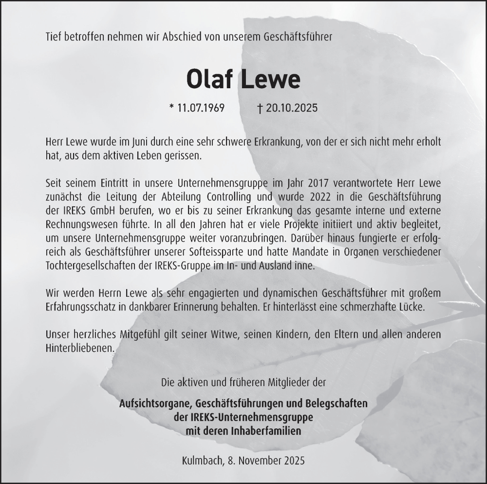  Traueranzeige für Olaf Lewe vom 08.11.2025 aus MGO