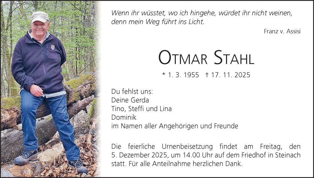  Traueranzeige für Otmar Stahl vom 29.11.2025 aus MGO