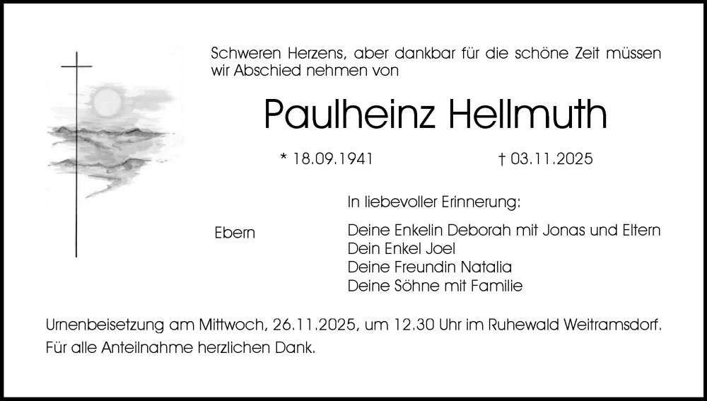  Traueranzeige für Paulheinz Hellmuth vom 22.11.2025 aus MGO