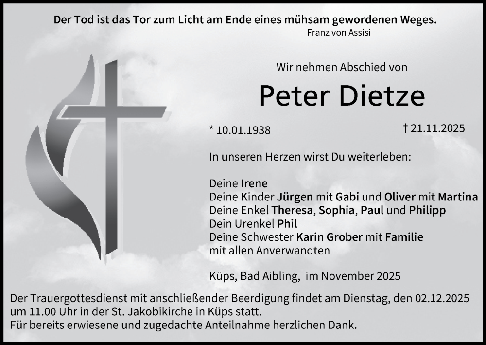  Traueranzeige für Peter Dietze vom 29.11.2025 aus MGO