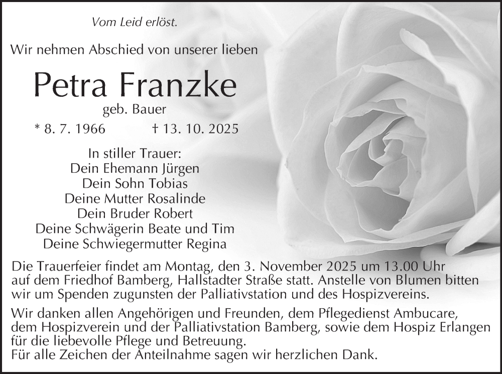  Traueranzeige für Petra Franzke vom 31.10.2025 aus MGO