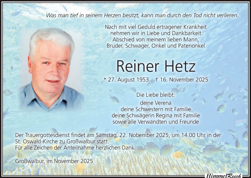  Traueranzeige für Reiner Hetz vom 19.11.2025 aus MGO