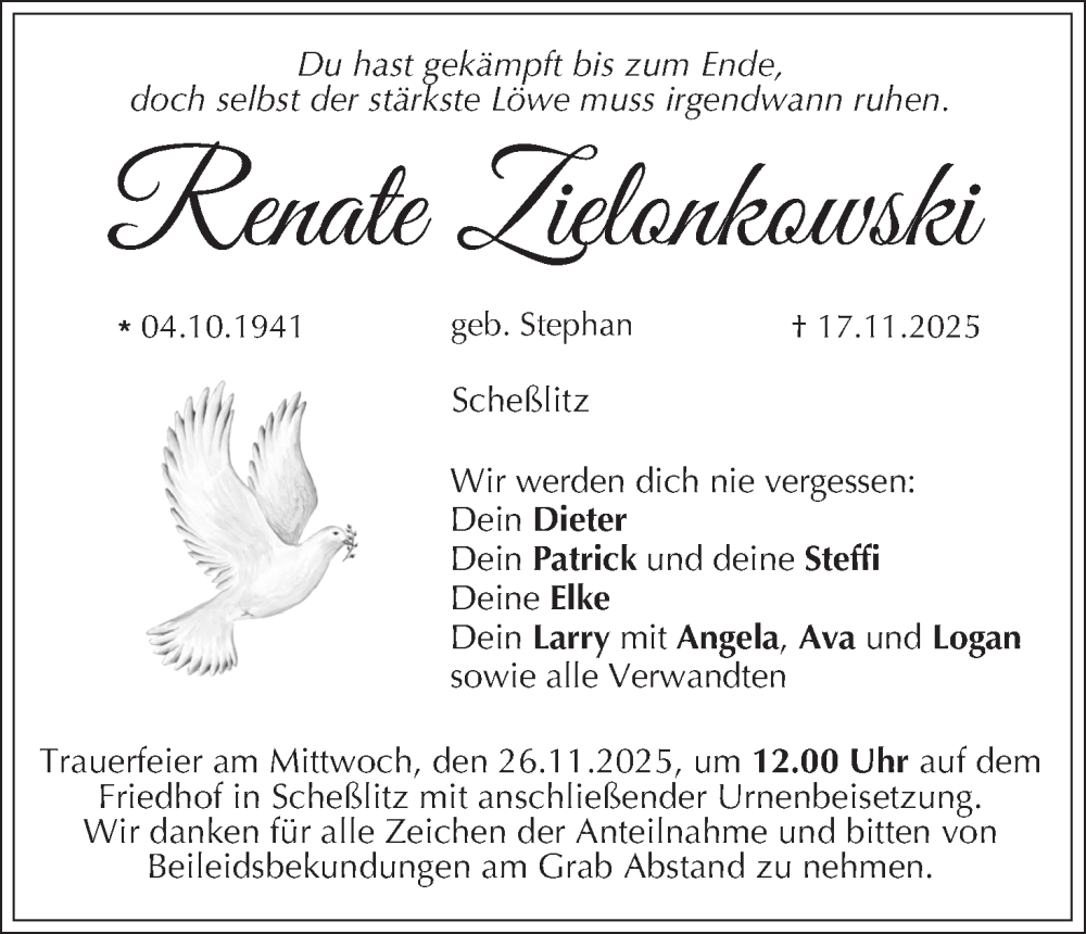  Traueranzeige für Renate Zielonkowski vom 22.11.2025 aus MGO