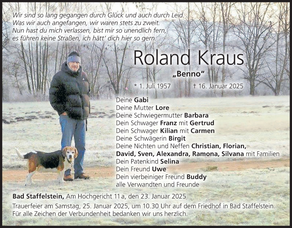  Traueranzeige für Roland Kraus vom 23.01.2025 aus MGO
