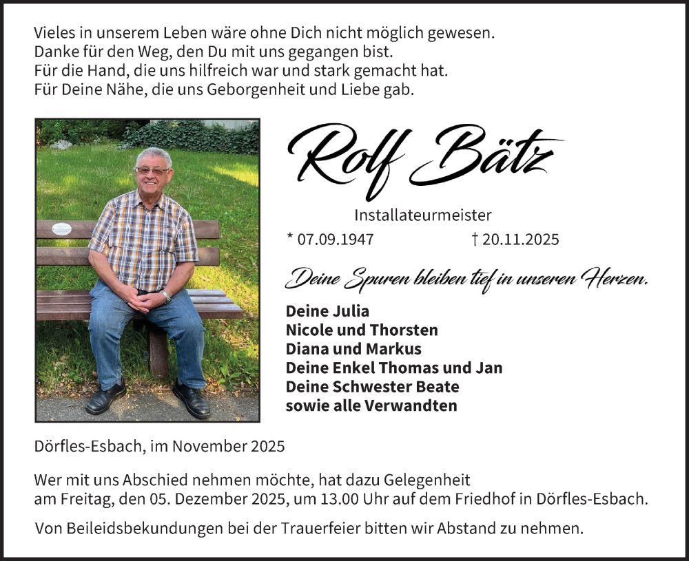  Traueranzeige für Rolf Bätz vom 29.11.2025 aus MGO