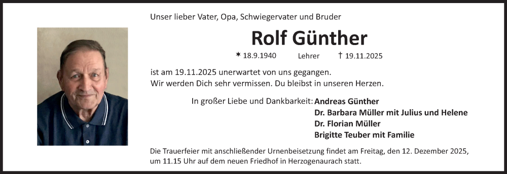  Traueranzeige für Rolf Günther vom 29.11.2025 aus MGO