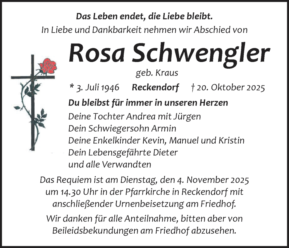  Traueranzeige für Rosa Schwengler vom 31.10.2025 aus MGO