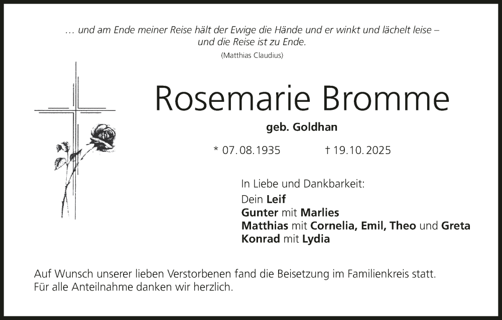  Traueranzeige für Rosemarie Bromme vom 15.11.2025 aus MGO