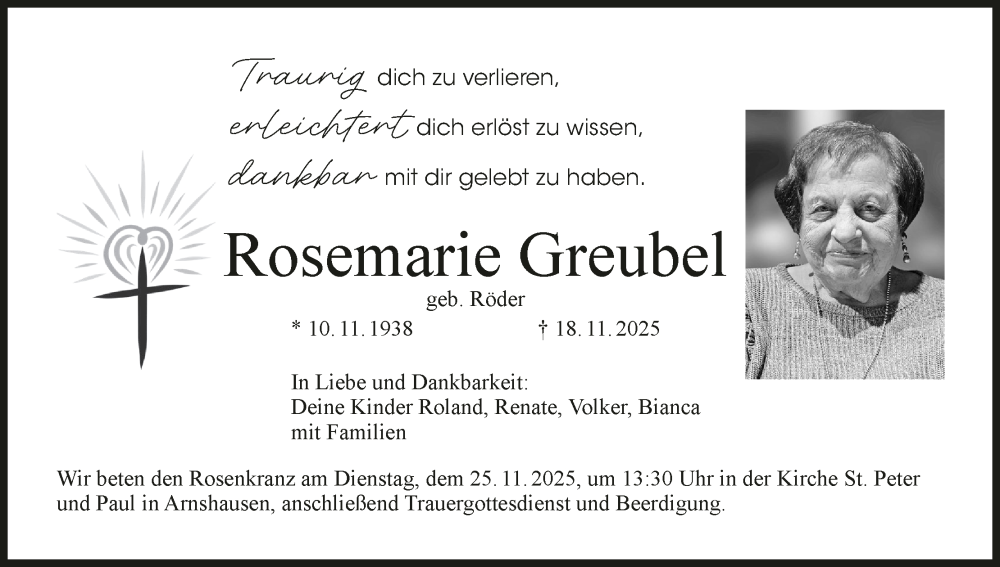  Traueranzeige für Rosemarie Greubel vom 22.11.2025 aus MGO