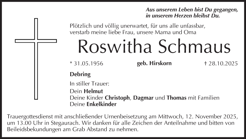  Traueranzeige für Roswitha Schmaus vom 08.11.2025 aus MGO