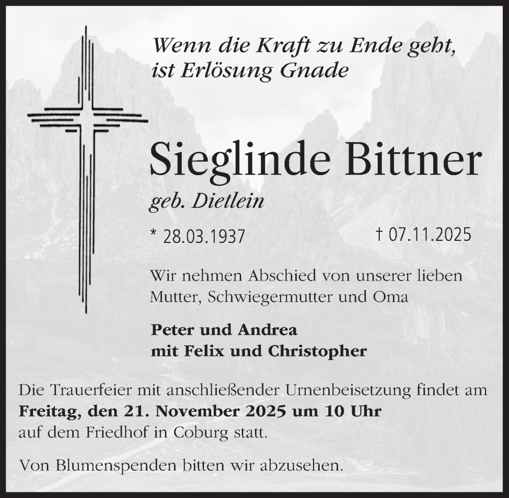  Traueranzeige für Sieglinde Bittner vom 15.11.2025 aus MGO