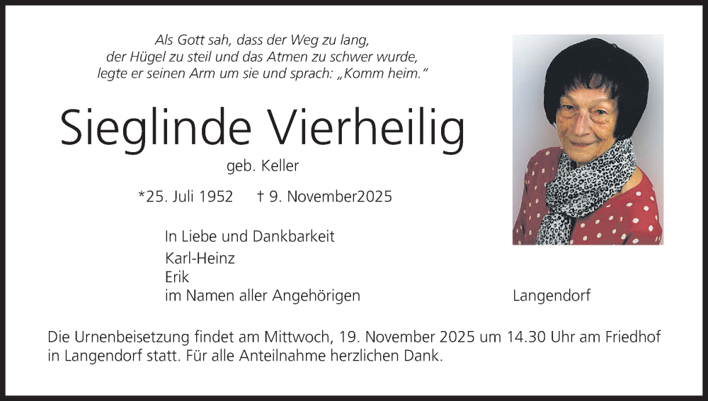  Traueranzeige für Sieglinde Vierheilig vom 15.11.2025 aus MGO