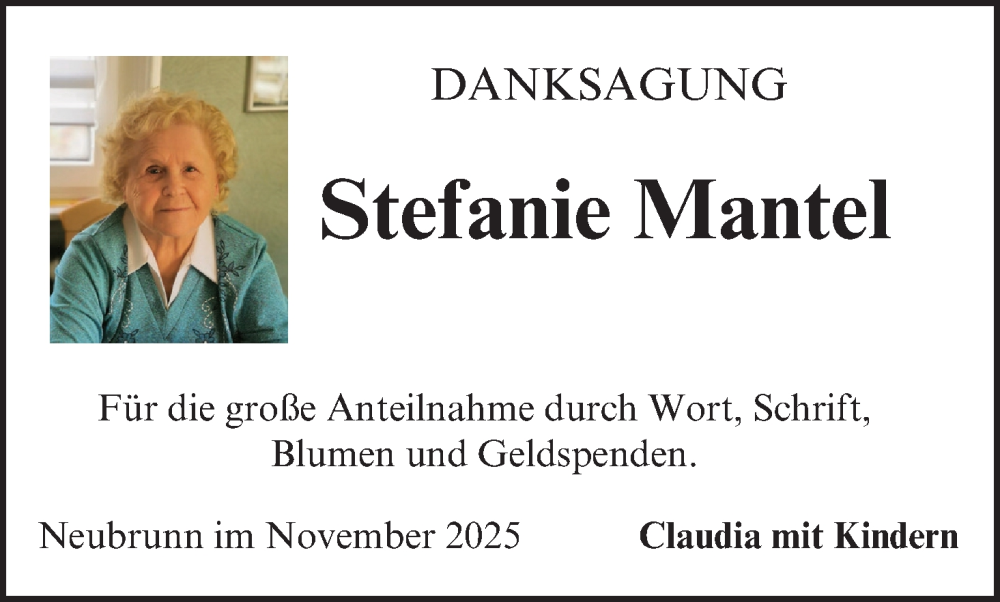 Traueranzeige für Stefanie Mantel vom 08.11.2025 aus MGO