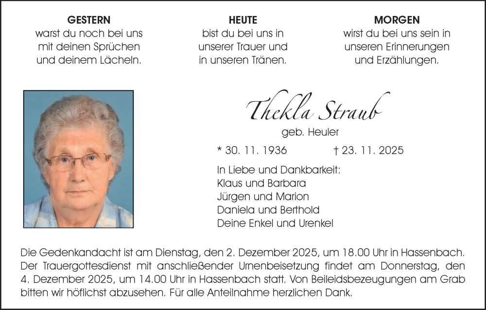  Traueranzeige für Thekla Straub vom 29.11.2025 aus MGO