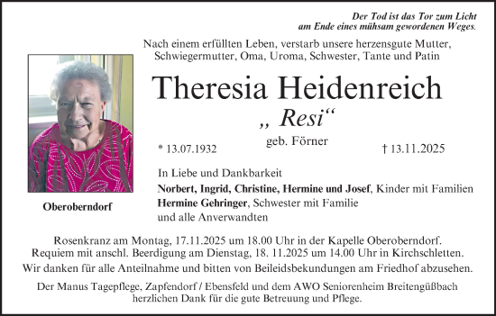 Anzeige von Theresia Heidenreich von MGO