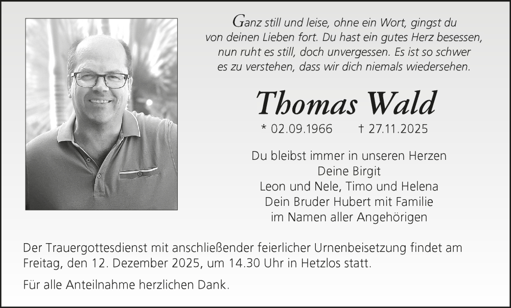  Traueranzeige für Thomas Wald vom 29.11.2025 aus MGO