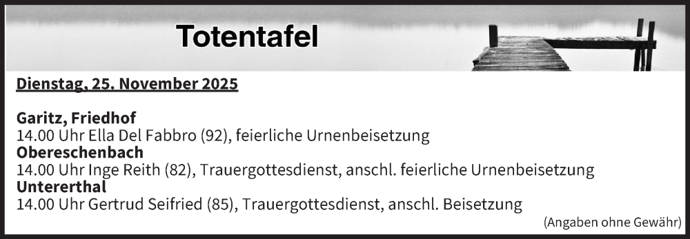  Traueranzeige für Totentafel vom 25.11.2025 vom 25.11.2025 aus MGO
