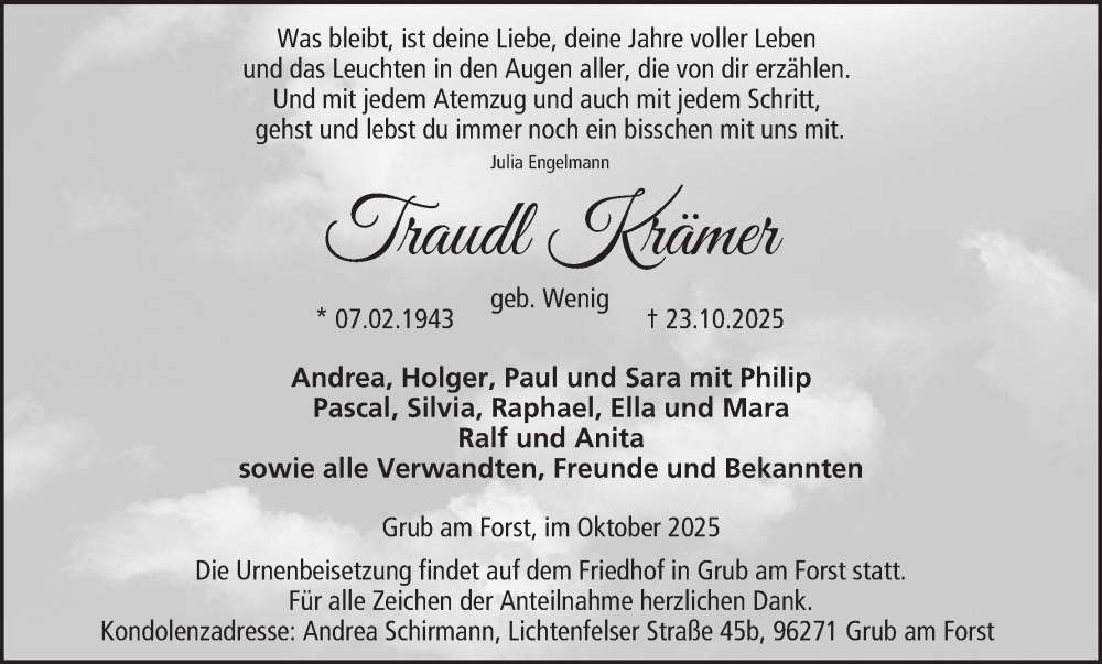  Traueranzeige für Traudl Krämer vom 31.10.2025 aus MGO