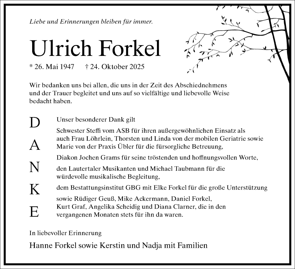  Traueranzeige für Ulrich Forkel vom 08.11.2025 aus MGO