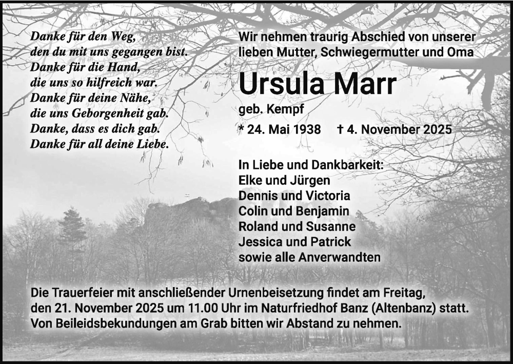  Traueranzeige für Ursula Marr vom 15.11.2025 aus MGO