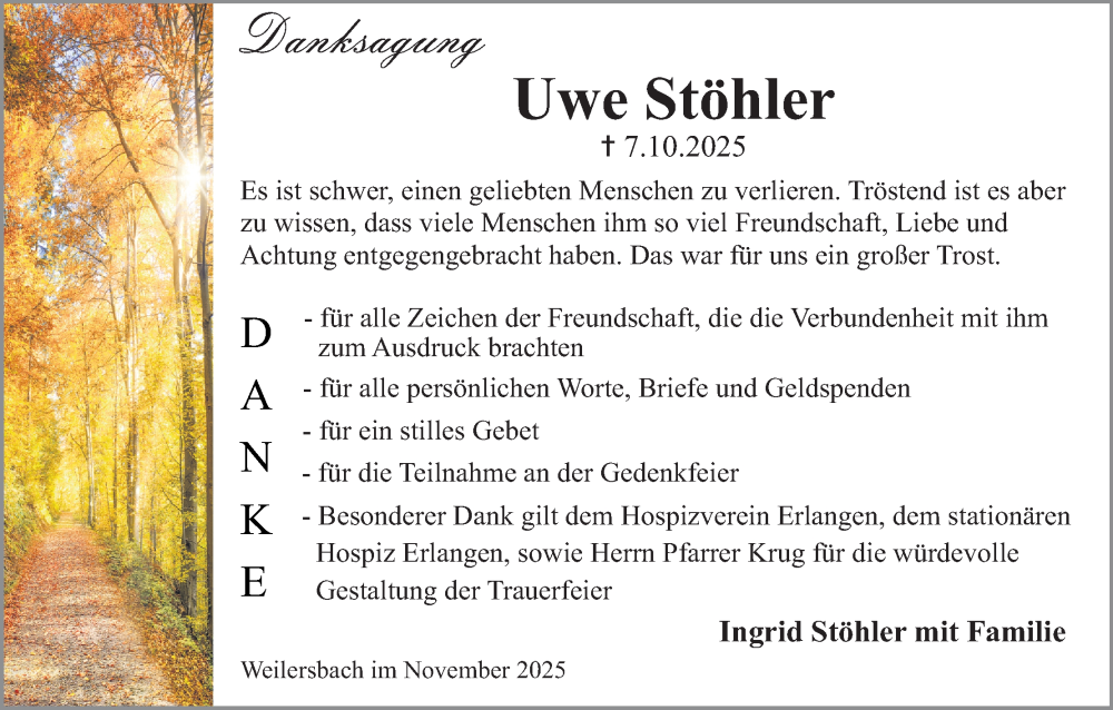  Traueranzeige für Uwe Stöhler vom 15.11.2025 aus MGO