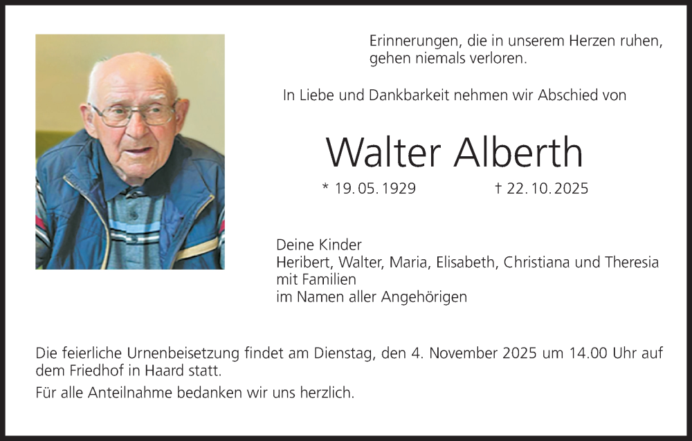 Traueranzeige für Walter Alberth vom 31.10.2025 aus MGO