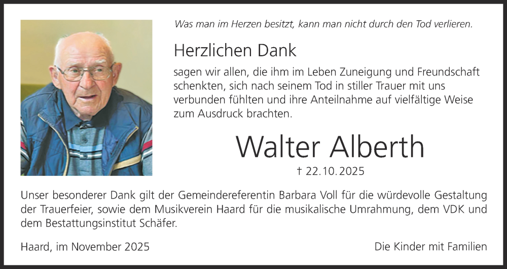  Traueranzeige für Walter Alberth vom 15.11.2025 aus MGO