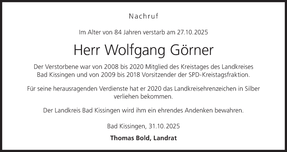  Traueranzeige für Wolfgang Görner vom 04.11.2025 aus MGO
