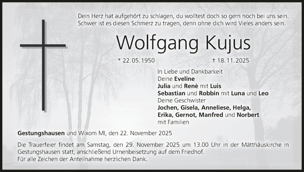  Traueranzeige für Wolfgang Kujus vom 22.11.2025 aus MGO