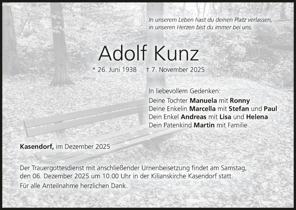  Traueranzeige für Adolf Kunz vom 03.12.2025 aus MGO