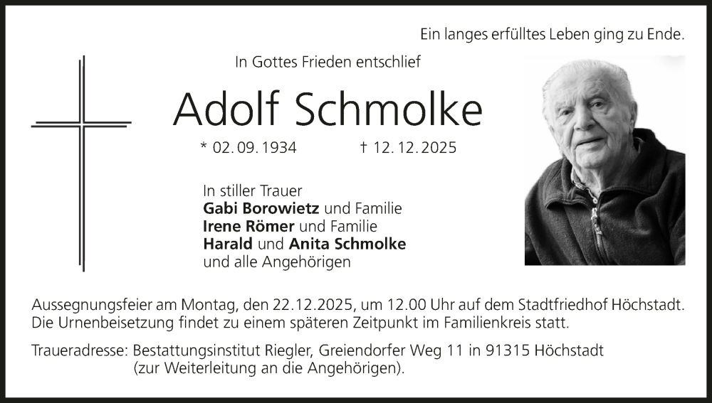  Traueranzeige für Adolf Schmolke vom 20.12.2025 aus MGO