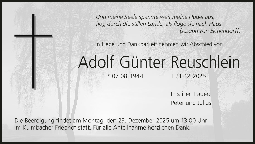  Traueranzeige für Adolf Günter Reuschlein vom 24.12.2025 aus MGO