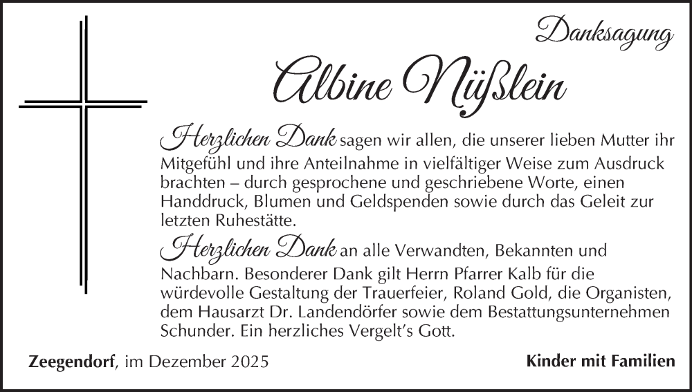  Traueranzeige für Albine Nüßlein vom 20.12.2025 aus MGO