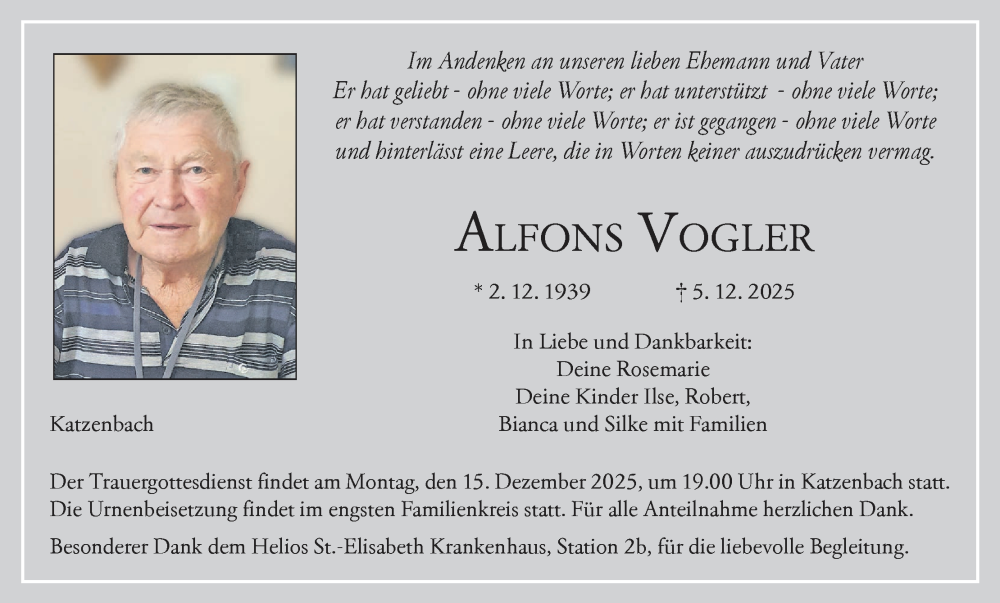  Traueranzeige für Alfons Vogler vom 13.12.2025 aus MGO