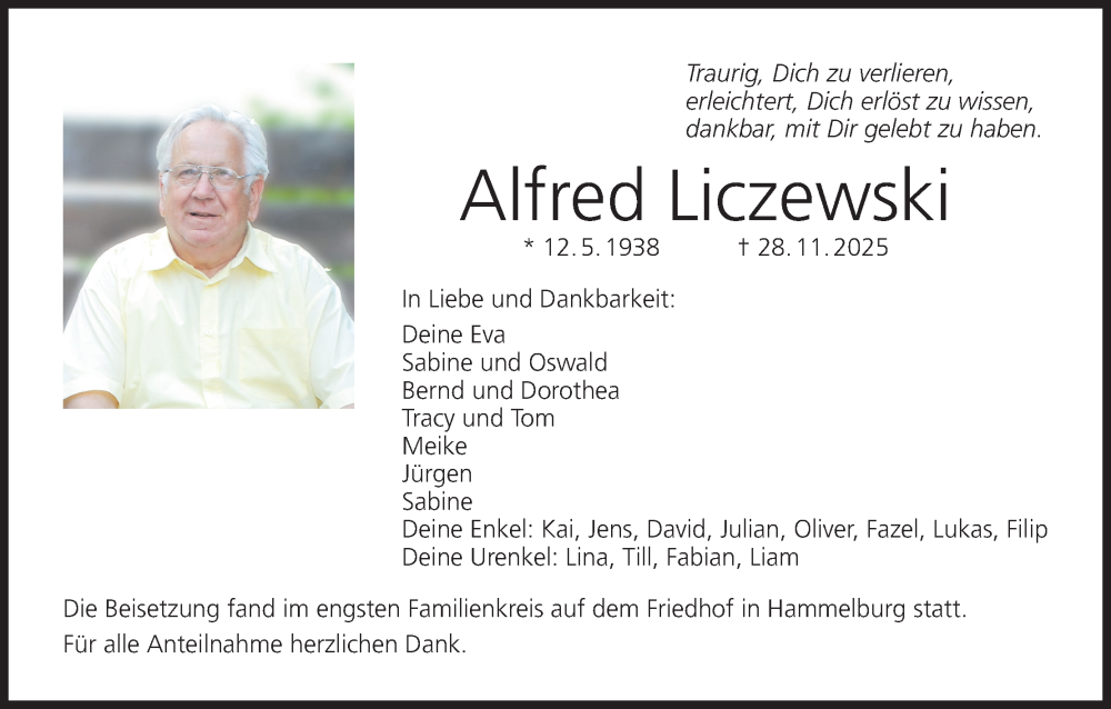  Traueranzeige für Alfred Liczewski vom 13.12.2025 aus MGO