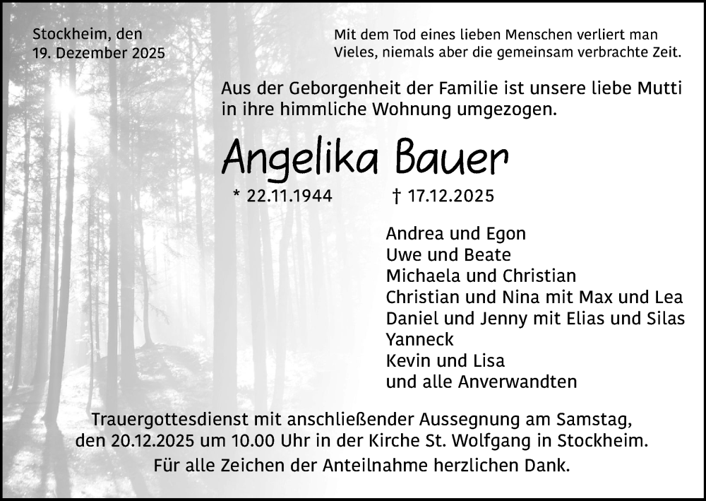  Traueranzeige für Angelika Bauer vom 19.12.2025 aus MGO