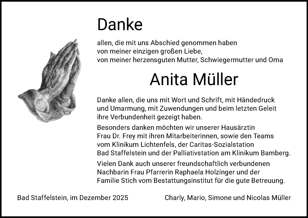  Traueranzeige für Anita Müller vom 20.12.2025 aus MGO